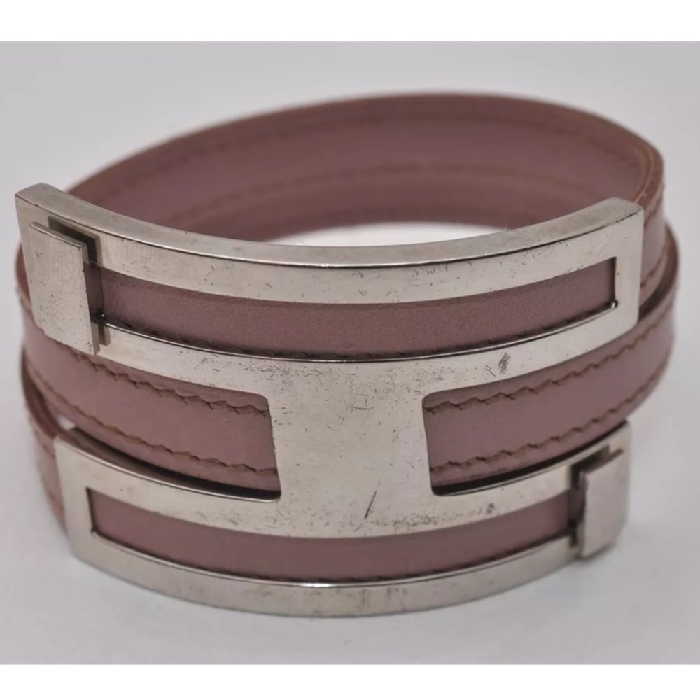 HERMES Puspus Hermes‎ Logo Leather Bangle Pink Silver with Box!!🧡🖤